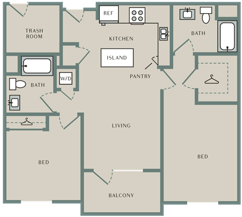 Floor plan for 2 beds, 2 baths, 1016 sqft